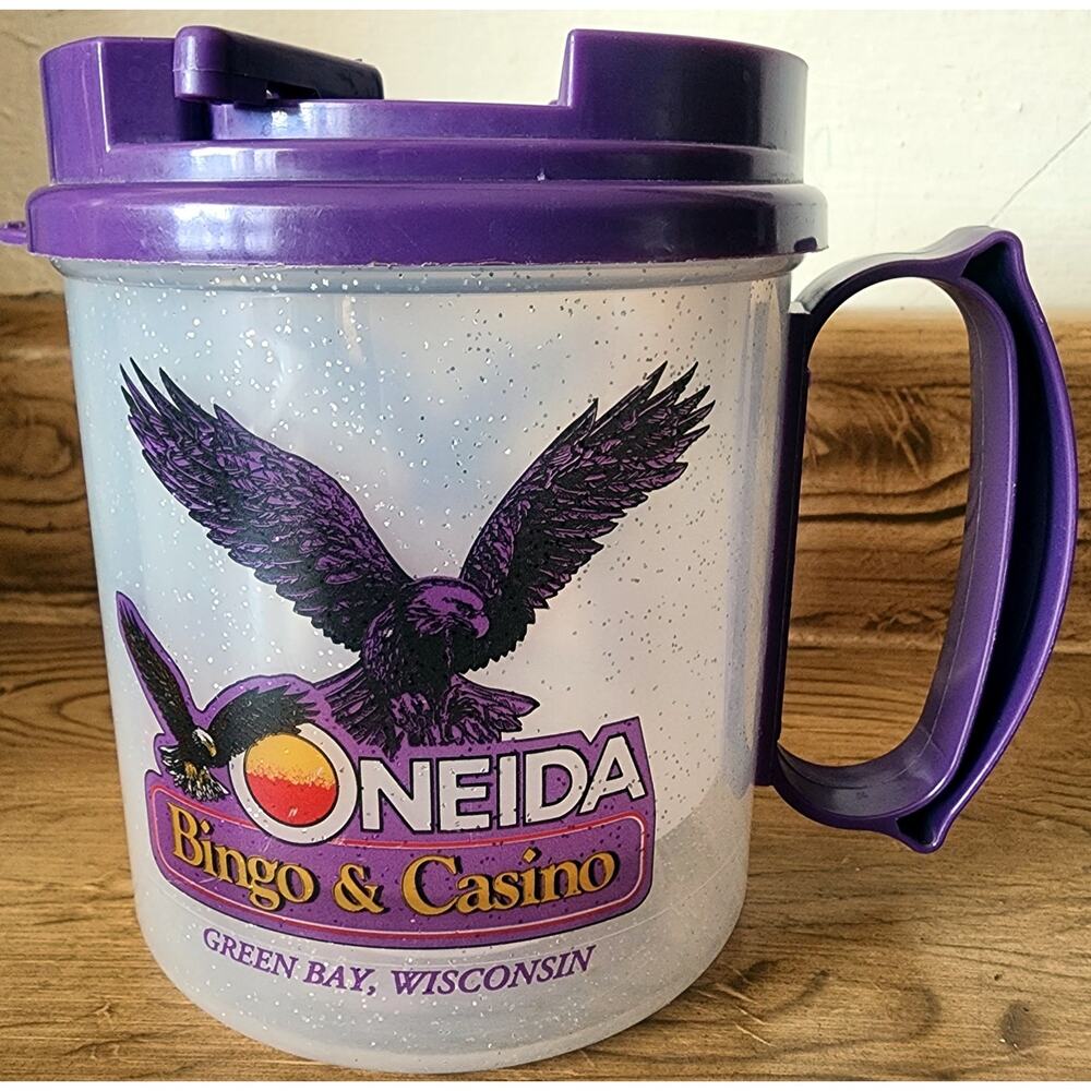 Vintage Oneida Bingo & Casino Plastic Travel Mug W/ Cover Grren Bay WI Coca Cola